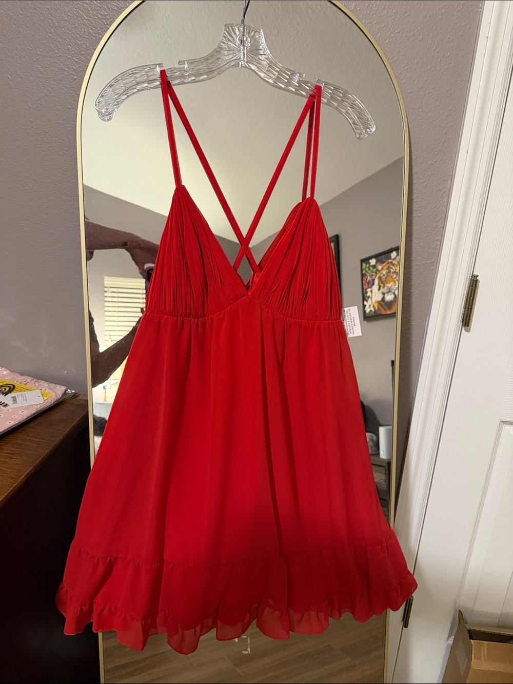Red Crisscross-Strap Ruffle Hem Mini Dress
